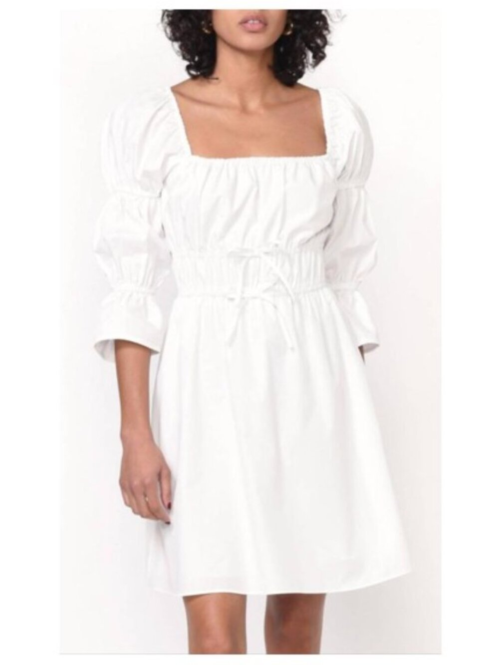 GREYLIN White Cotton Puff Sleeve Mini Dress Cottagecore Tie Waist Size M